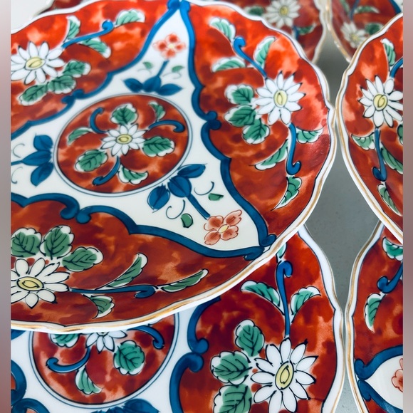 Vintage Set of 6 Takahashi San Francisco Plates  Hand Painted Daisy Rust Navy - Picture 2 of 7